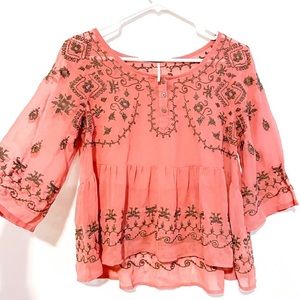 Free People Embroidered Blouse Floral Top